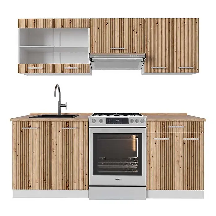 Vicco Küchenzeile R-Line Artisan Eiche/Weiß, AP Eiche - Artisan-Eiche, Ohne Elektrogeräte - Moderne Küchenzeile mit hellen Holzlamellenfronten, heller Arbeitsplatte, schwarzem Spülbecken, silbernem Wasserhahn und weißem Backofen.