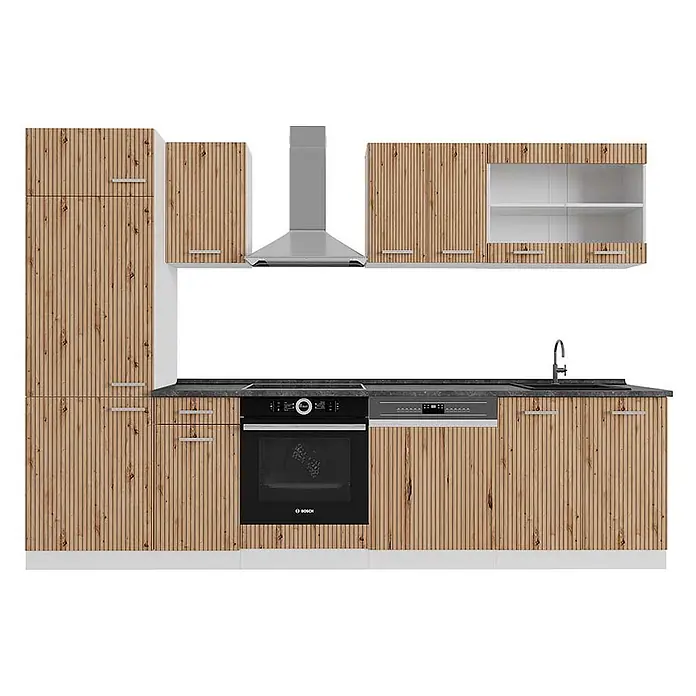 Vicco Küchenzeile R-Line Artisan Eiche/Weiß, AP Anthrazit - Breite: 300 cm, Artisan-Eiche, Ohne Elektrogeräte - Moderne Küche mit hellen Holzlamellenfronten, dunkler Arbeitsplatte, integriertem Backofen, Kochfeld, Geschirrspüler, Spüle und Dunstabzugshaube.