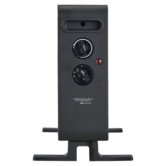 Voltomat HEATING Konvektorheizung - 2.000 W, B x T x H: 54,6 x 11,5 x 31,5 cm - Schwarzer Volotmat Elektroheizer mit zwei Drehknöpfen, roter Kontrollleuchte und integriertem Griff, auf zwei Füßen stehend.