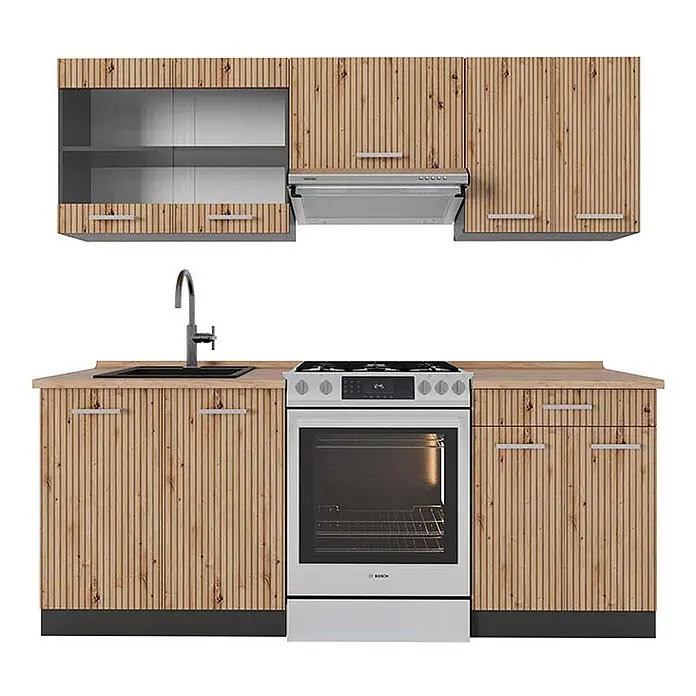 Vicco Küchenzeile R-Line Artisan Eiche/Anthrazit, AP Eiche - Breite: 200 cm, Artisan-Eiche, Ohne Elektrogeräte - Helle Holzküche mit vertikalen Lamellenfronten, bestehend aus Ober- und Unterschränken, schwarzer Spüle, silbernem Herd und Dunstabzugshaube.