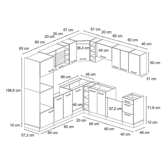 Vicco Eckküche R-Line Artisan-Eiche/Goldkraft Eiche ohne Arbeitsplatte - Artisan-Eiche, Ohne Elektrogeräte - Eine detaillierte technische Zeichnung eines modularen Küchenschranksystems mit Maßen.
