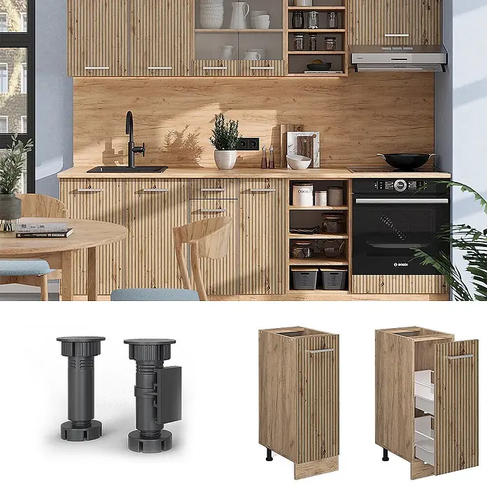 Vicco Schrankküche R-Line Artisan-Eiche ohne Arbeitsplatte - Artisan-Eiche, Apothekerunterschrank 30 cm - Moderne Küche mit hellen Holzlamellenfronten, Spüle und Ofen. Mit verstellbaren Füßen und Auszugsschrank.