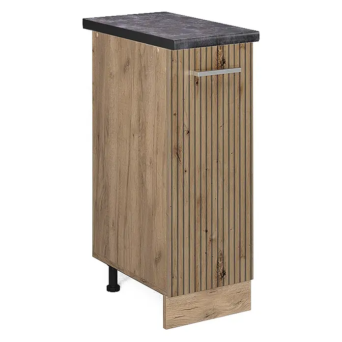 Vicco Schrankküche R-Line Artisan-Eiche, AP Anthrazit - Artisan-Eiche, Apothekerunterschrank 30 cm - Hoher Holzschrank mit geriffelter Front, silbernem Griff und dunkelgrauer Arbeitsplatte.