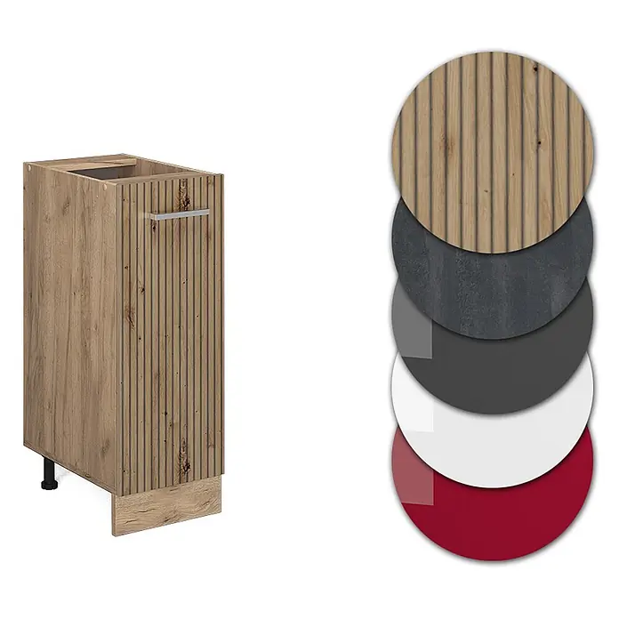 Vicco Schrankküche R-Line Artisan-Eiche ohne Arbeitsplatte - Artisan-Eiche, Apothekerunterschrank 30 cm - Holz-Unterschrank mit geriffelter Front und silbernem Griff, gezeigt mit Materialmustern in Holz, Grau, Schwarz, Weiß und Rot.