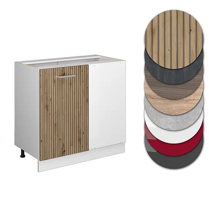 Vicco Schrankküche R-Line Artisan-Eiche ohne Arbeitsplatte - Artisan-Eiche, Eckunterschrank 86 cm - Küchenunterschrank mit Holzlamellentür und weißer Platte, mit verschiedenen Materialmustern zur Anpassung.