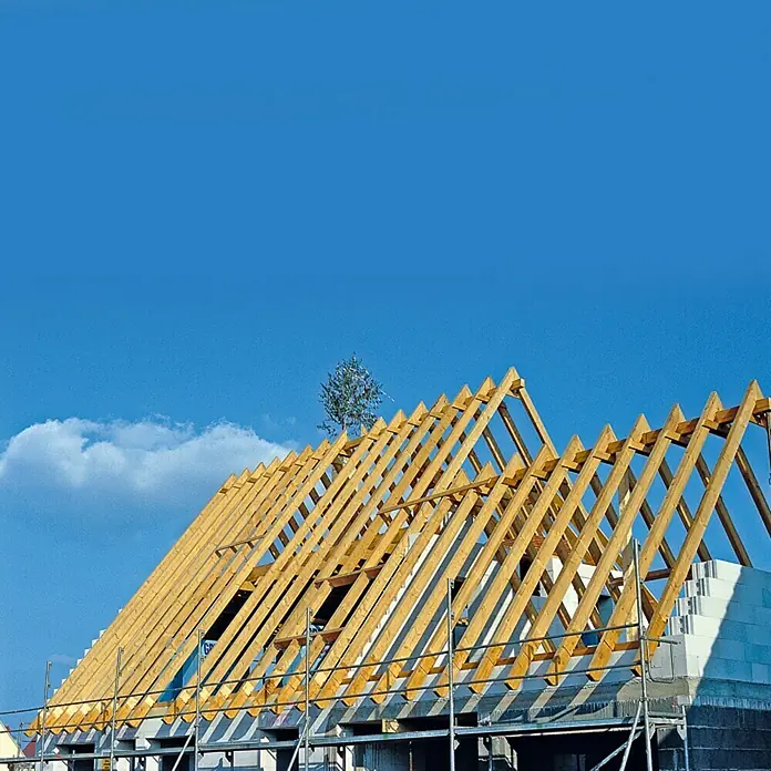 Leimbinder Si - Fichte, Max. Zuschnittsmaß: 6 m, Breite: 10 cm, Stärke: 20 cm - Das Bild zeigt einen Dachstuhl im Bau, mit Holzbalken und einem blauen Himmel im Hintergrund. Ein Baum ragt über den Dachstuhl hinaus.