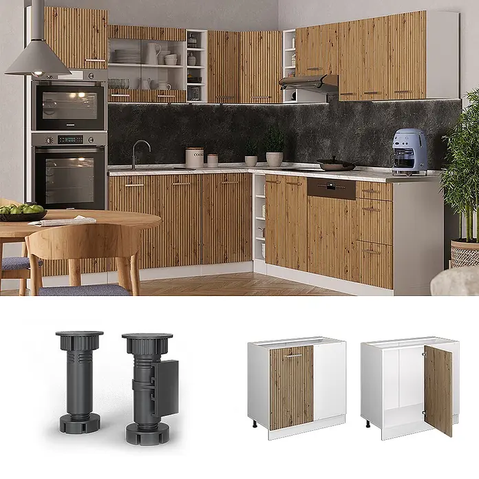 Vicco Schrankküche R-Line Artisan-Eiche ohne Arbeitsplatte - Artisan-Eiche, Eckunterschrank 86 cm - Moderne Küche mit hellen, holzlamellenartigen Schrankfronten und Unterschränken.