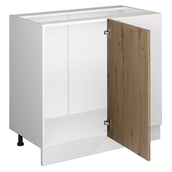Vicco Schrankküche R-Line Artisan-Eiche ohne Arbeitsplatte - Artisan-Eiche, Eckunterschrank 86 cm - Weißer Küchenunterschrank mit einer teilweise geöffneten Tür in Holzoptik und verstellbaren Füßen.