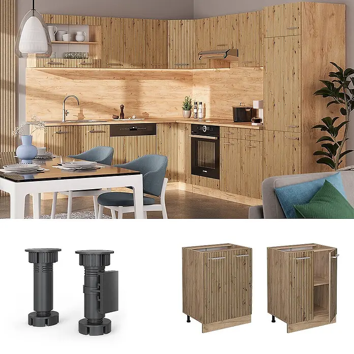 Vicco Schrankküche R-Line Artisan-Eiche ohne Arbeitsplatte - Artisan-Eiche, Unterschrank 60 cm - Moderne L-förmige Küche mit hellen Holzlamellenfronten. Einsätze zeigen dunkle verstellbare Möbelfüße und einzelne Unterschrankmodule aus Holz.