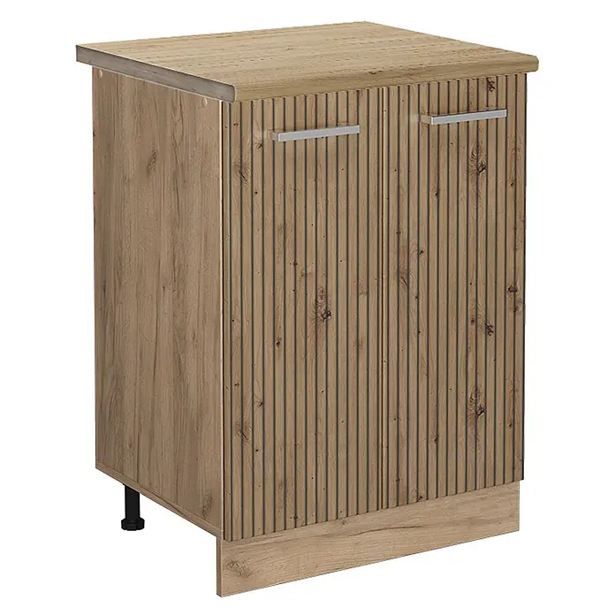 Vicco Schrankküche R-Line Artisan-Eiche, AP Eiche - Artisan-Eiche, Unterschrank 60 cm, AP Eiche - Heller Holzunterschrank mit zwei gerillten Türen, silbernen Griffen, verstellbarem Fuß und Sockelblende.