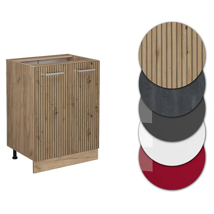 Vicco Schrankküche R-Line Artisan-Eiche ohne Arbeitsplatte - Artisan-Eiche, Unterschrank 60 cm - Unterschrank in Holzoptik mit geriffelten Türen, Sockel und verschiedenen Materialmustern.