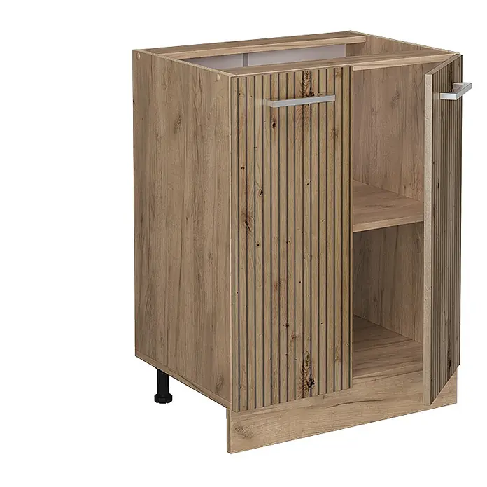 Vicco Schrankküche R-Line Artisan-Eiche ohne Arbeitsplatte - Artisan-Eiche, Unterschrank 60 cm - Heller Holz-Küchenunterschrank mit geriffelter Türfront, eine Tür offen mit Innenregal. Mit Metallgriffen und verstellbaren schwarzen Füßen.