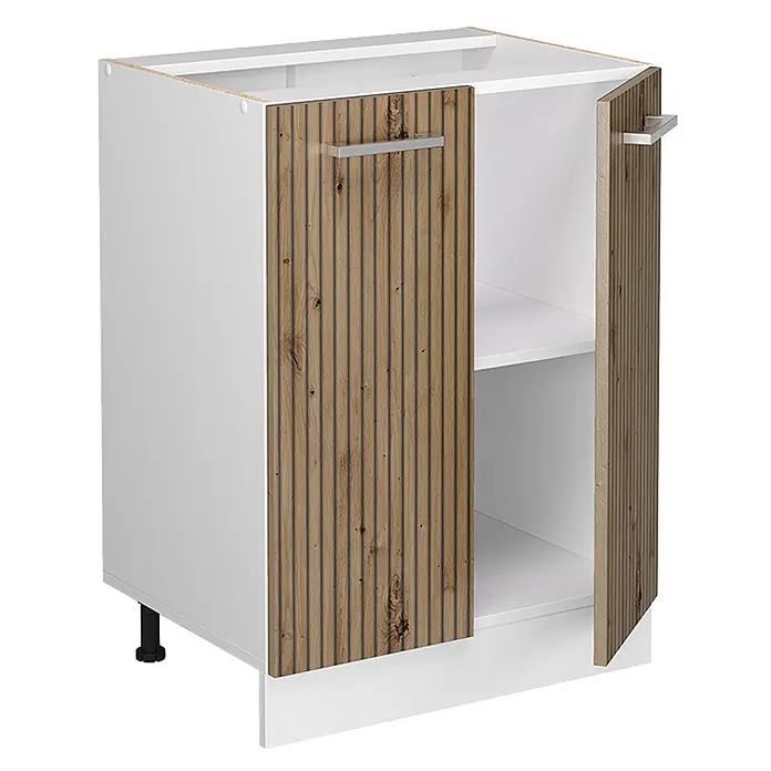 Vicco Schrankküche R-Line Artisan-Eiche ohne Arbeitsplatte - Artisan-Eiche, Unterschrank 60 cm - Weißer Unterschrank mit Naturholz-Lattenoptik-Türen, silbernen Griffen und verstellbaren Füßen. Eine Tür ist offen und zeigt ein Innenregal.