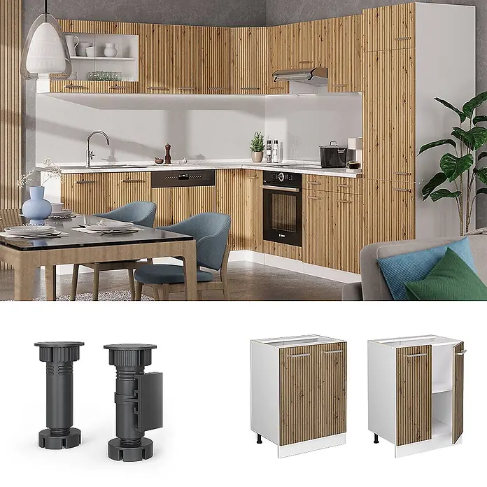 Vicco Schrankküche R-Line Artisan-Eiche ohne Arbeitsplatte - Artisan-Eiche, Unterschrank 60 cm - Modulares Küchensystem mit Fronten aus naturbelassenem Holzlamellen-Design, in L-Form mit verstellbaren Füßen.