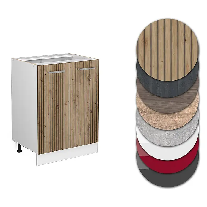 Vicco Schrankküche R-Line Artisan-Eiche ohne Arbeitsplatte - Artisan-Eiche, Unterschrank 60 cm - Weißer Küchenunterschrank mit zwei geriffelten Holztüren und silbernen Griffen. Daneben ein Stapel Materialmuster.