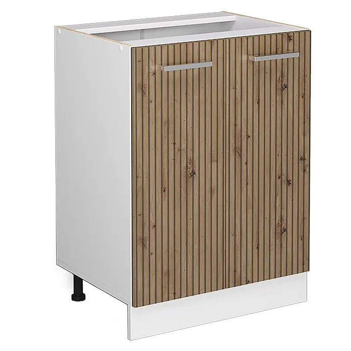 Vicco Schrankküche R-Line Artisan-Eiche ohne Arbeitsplatte - Artisan-Eiche, Unterschrank 60 cm - Weißer Küchenunterschrank mit zwei gerippten holzfarbenen Türen und silbernen Griffen. Verstellbare schwarze Füße.