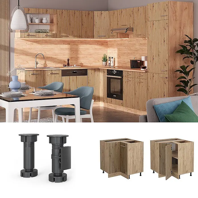 Vicco Schrankküche R-Line Artisan-Eiche ohne Arbeitsplatte - Artisan-Eiche, Eckunterschrank - Holzküchenschränke mit gerillten Fronten, integrierten Geräten und einzelnen verstellbaren Füßen und Eckschränken.