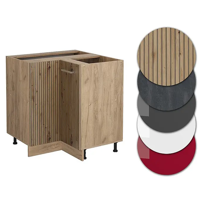 Vicco Schrankküche R-Line Artisan-Eiche ohne Arbeitsplatte - Artisan-Eiche, Eckunterschrank - Eck-Küchenunterschrank aus hellem Holz mit geriffelter Platte und Farbmuster.