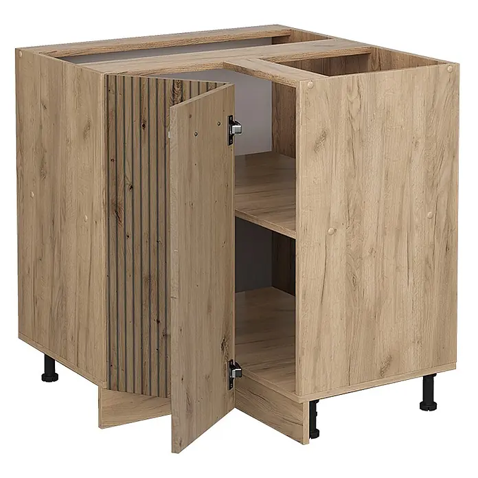 Vicco Schrankküche R-Line Artisan-Eiche ohne Arbeitsplatte - Artisan-Eiche, Eckunterschrank - Heller Eckunterschrank mit geriffelter Tür, offenen Fächern und schwarzen verstellbaren Füßen.