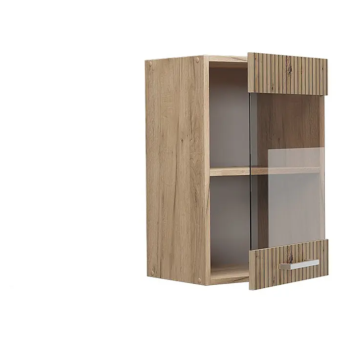 Vicco Schrankküche R-Line Artisan-Eiche - Artisan-Eiche, Hängeglasschrank 40 cm - Heller Wandschrank aus Holz mit teilweise geöffneter Glastür, gerillten Holzdetails und einem silbernen Griff.