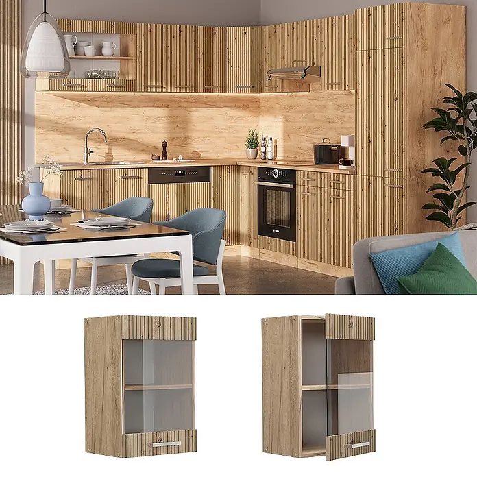 Vicco Schrankküche R-Line Artisan-Eiche - Artisan-Eiche, Hängeglasschrank 40 cm - Moderne Küchenschränke aus hellem Holz mit gerippten Paneelen, bestehend aus Ober- und Unterschränken sowie integrierten Geräten.