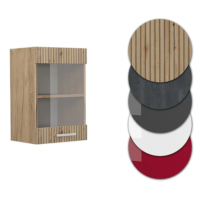 Vicco Schrankküche R-Line Artisan-Eiche - Artisan-Eiche, Hängeglasschrank 40 cm - Holz-Hängeschrank mit gerippten Paneelen, Glastür und silbernem Griff. Inklusive Materialmuster.