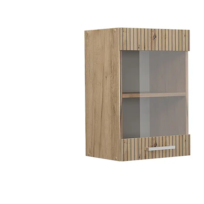 Vicco Schrankküche R-Line Artisan-Eiche - Artisan-Eiche, Hängeglasschrank 40 cm - Hellbrauner Wandschrank in Eichenoptik mit Glastür, Einlegeboden, geriffelten Details und silbernem Griff.