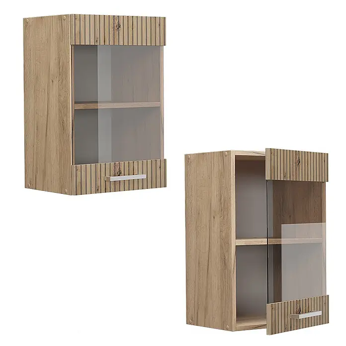 Vicco Schrankküche R-Line Artisan-Eiche - Artisan-Eiche, Hängeglasschrank 40 cm - Wandschrank in heller Eichenoptik mit gerippten Paneelen, Glastür und silbernem Griff, zeigt Innenfächer.