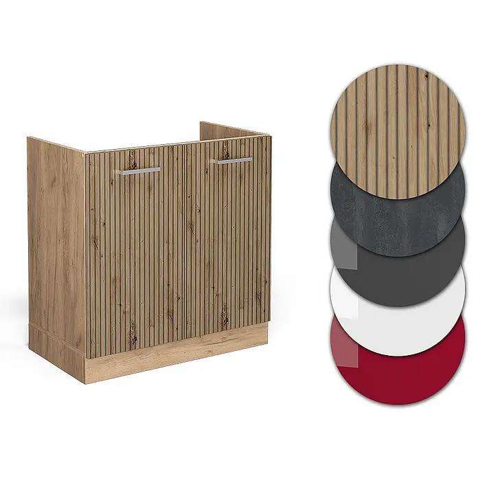 Vicco Schrankküche R-Line Artisan-Eiche ohne Arbeitsplatte - Artisan-Eiche, Spülenunterschrank 80 cm - Holzunterschrank mit gerippten Türen und silbernen Griffen. Farbmuster zeigen geripptes Holz, Dunkelgrau, Grau, Weiß, Rot.