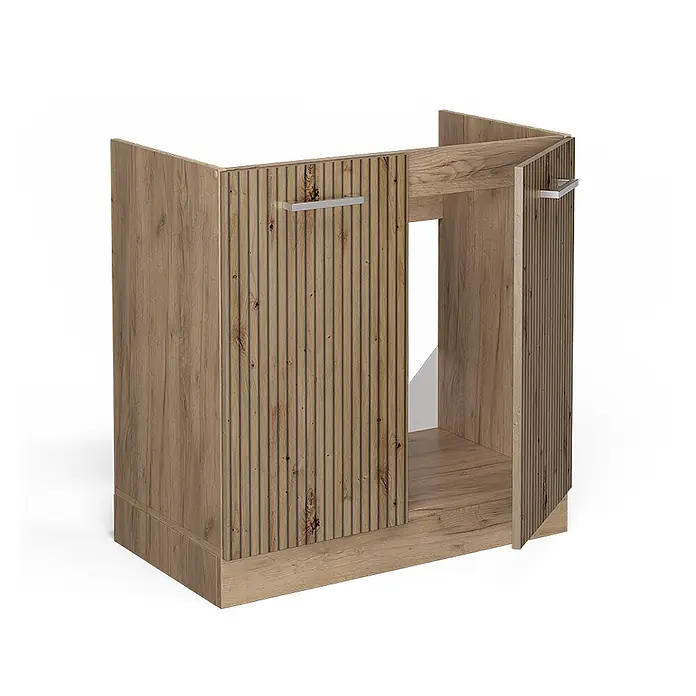 Vicco Schrankküche R-Line Artisan-Eiche ohne Arbeitsplatte - Artisan-Eiche, Spülenunterschrank 80 cm - Hölzerner Unterschrank in Naturholzoptik mit geriffelten Paneelen und Metallgriffen. Eine Tür ist geöffnet und zeigt den Innenraum.