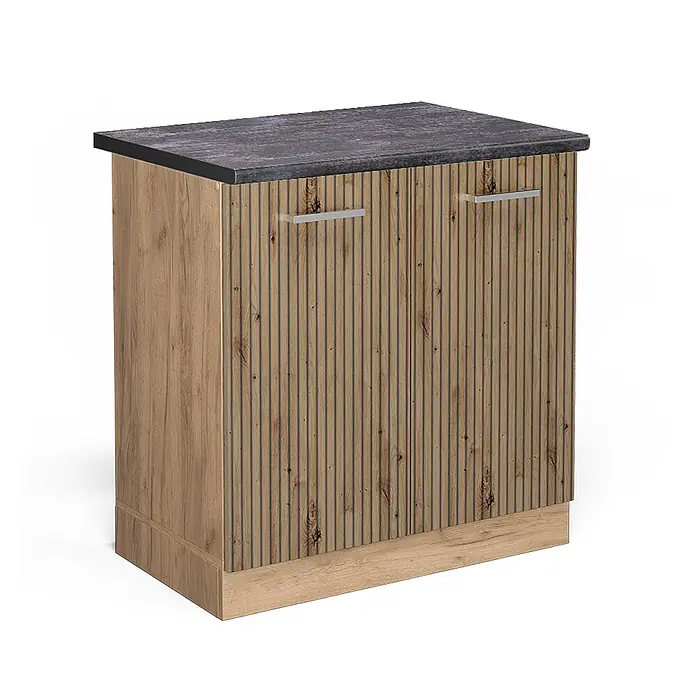 Vicco Schrankküche R-Line Artisan-Eiche, AP Anthrazit - Artisan-Eiche, Spülenunterschrank 80 cm, AP Anthrazit - Holzoptik-Schrank mit dunkelgrauer Arbeitsplatte, hellen Holzmaserungsseiten und geriffelten Fronttüren mit Silbergriffen.