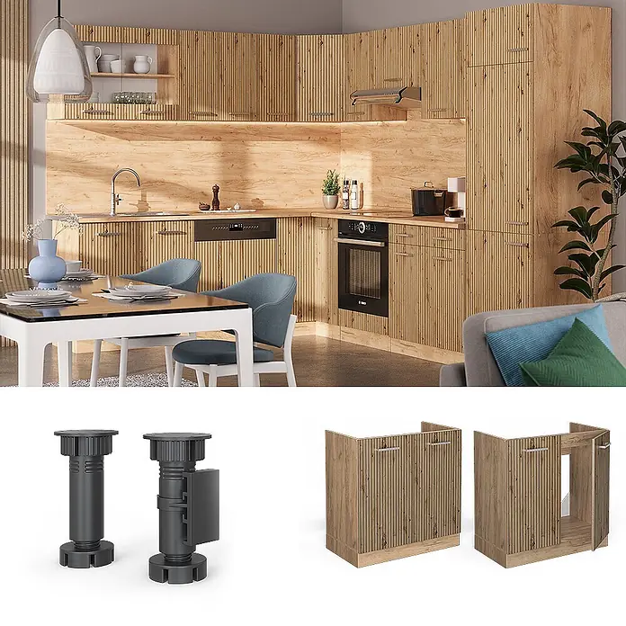 Vicco Schrankküche R-Line Artisan-Eiche ohne Arbeitsplatte - Artisan-Eiche, Spülenunterschrank 80 cm - Moderne Küche mit hellen Holzschränken in Lamellenoptik, integrierten Geräten und Essbereich.
