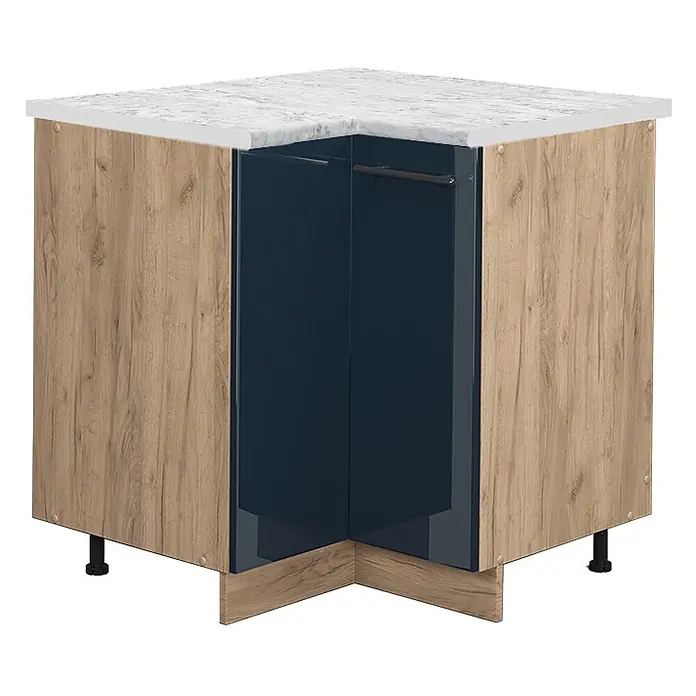 Vicco Schrankküche Fame-Line Dunkelblau Hochglanz, AP Marmor - Dunkelblau Hochglanz, Eckunterschrank, AP Marmor - Eckunterschrank mit heller Holzoptik, dunkelblauen Türen und weißer Marmor-Arbeitsplatte.