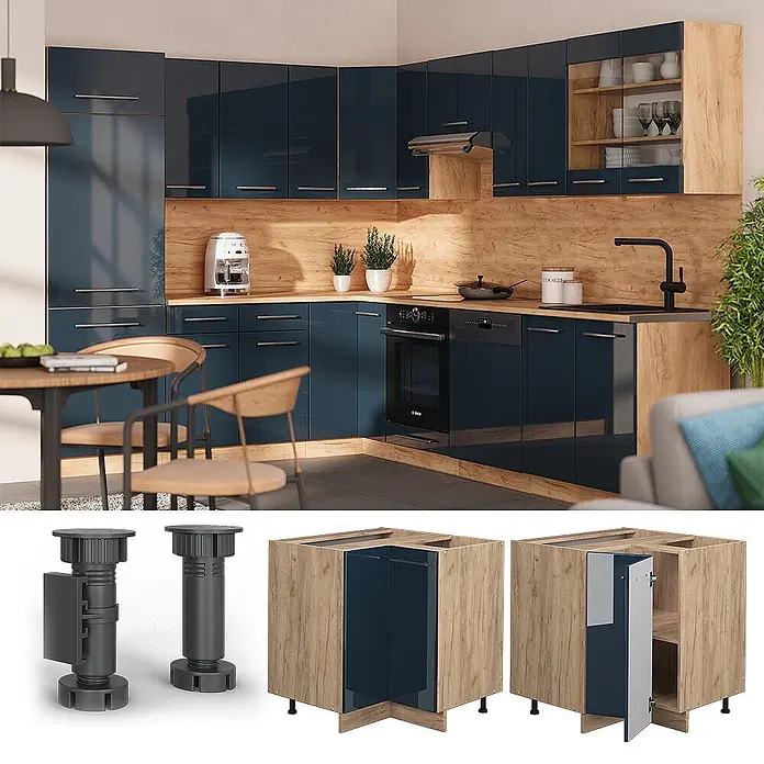 Vicco Schrankküche Fame-Line Dunkelblau Hochglanz, AP Marmor - Dunkelblau Hochglanz, Eckunterschrank, AP Marmor - Moderne L-förmige Küche mit glänzenden dunkelblauen Schränken, Holzarbeitsplatten, integrierten Geräten, Essbereich und modularen Küchenteilen.