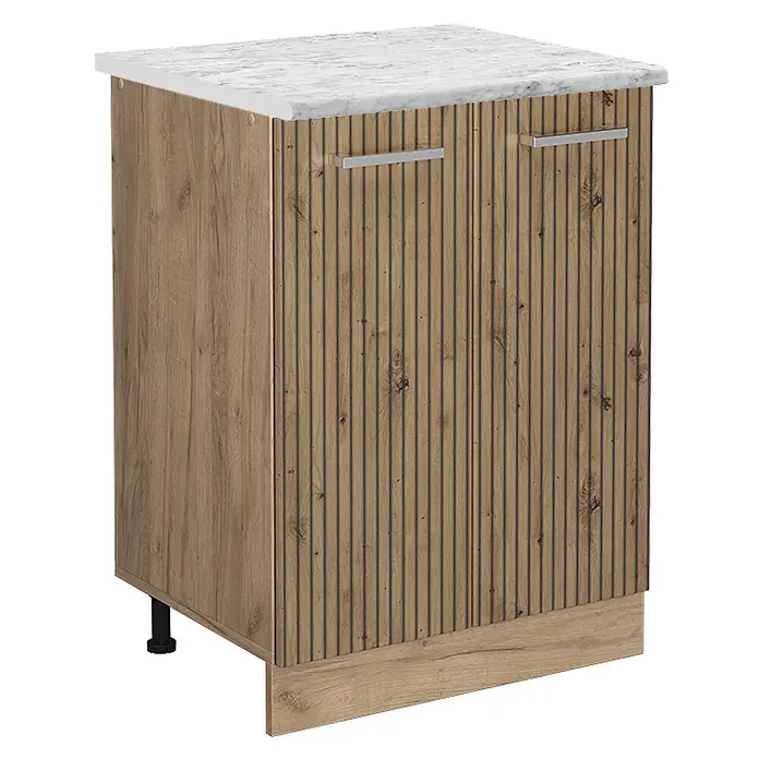 Vicco Schrankküche R-Line Artisan-Eiche AP Marmor - Artisan-Eiche, Unterschrank 60 cm, AP Marmor - Holzschrank mit geriffelten Türen, weißer Marmoroptik-Platte und silbernen Griffen, auf verstellbaren Füßen.