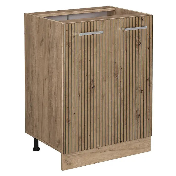 Vicco Schrankküche R-Line Artisan-Eiche ohne Arbeitsplatte - Artisan-Eiche, Unterschrank 60 cm - Unterschrank in Eichenoptik mit geriffelten Doppeltüren, silbernen Griffen und Sockelleiste.