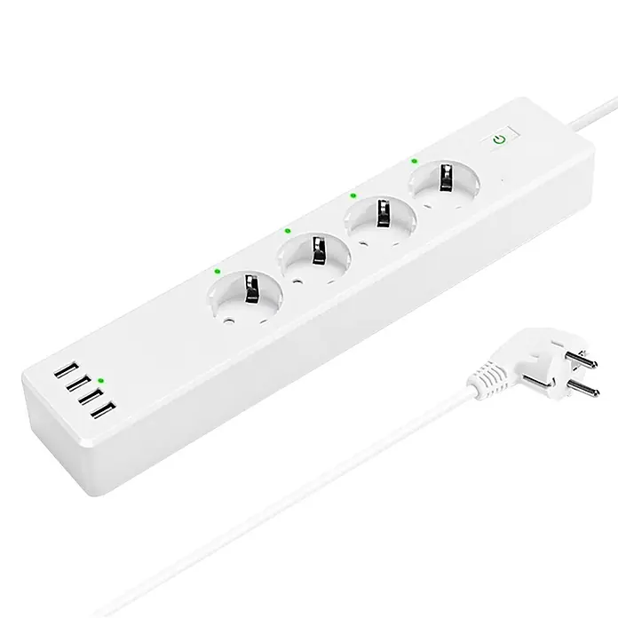 Muvit Base de enchufe múltiple inteligente WiFi - Número de enchufes Schuko: 4 ud., Blanco, Longitud del cable: 1,8 m, Con interruptor - Regleta blanca con cuatro tomas de corriente, tres puertos USB y un enchufe conectado.
