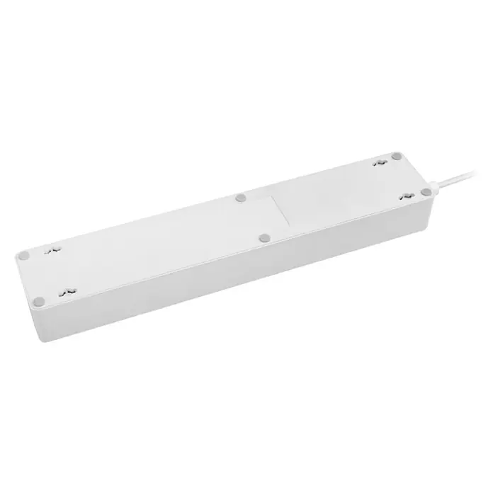Muvit Base de enchufe múltiple inteligente WiFi - Número de enchufes Schuko: 4 ud., Blanco, Longitud del cable: 1,8 m, Con interruptor - Regleta blanca, mostrando la parte inferior con pies antideslizantes, ranuras de montaje en ojo de cerradura y su cable.