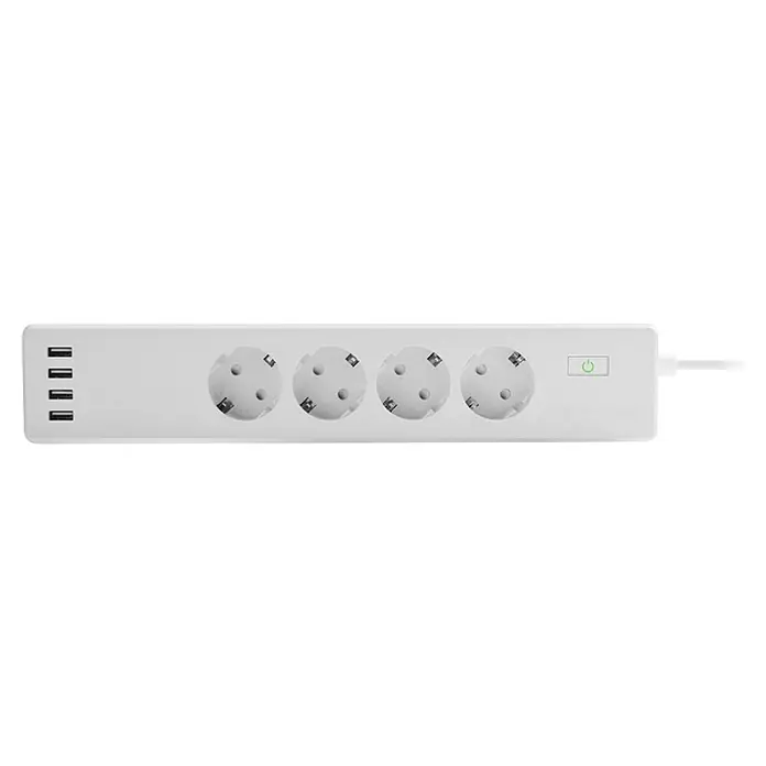 Muvit Base de enchufe múltiple inteligente WiFi - Número de enchufes Schuko: 4 ud., Blanco, Longitud del cable: 1,8 m, Con interruptor - Regleta blanca con cuatro enchufes Schuko, cuatro puertos USB-A y un botón de encendido.