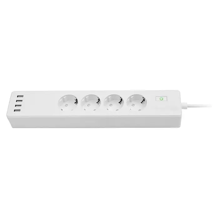 Muvit Base de enchufe múltiple inteligente WiFi - Número de enchufes Schuko: 4 ud., Blanco, Longitud del cable: 1,8 m, Con interruptor - Regleta blanca con 4 tomas de corriente, 4 puertos USB y un botón de encendido.