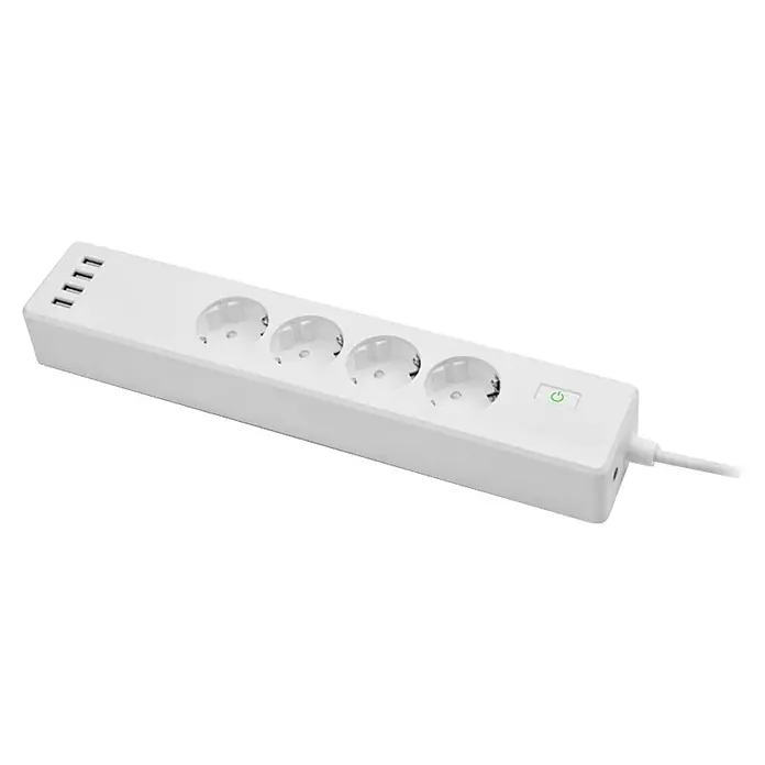 Muvit Base de enchufe múltiple inteligente WiFi - Número de enchufes Schuko: 4 ud., Blanco, Longitud del cable: 1,8 m, Con interruptor - Regleta blanca con 4 enchufes Schuko, 4 puertos USB y botón de encendido verde.