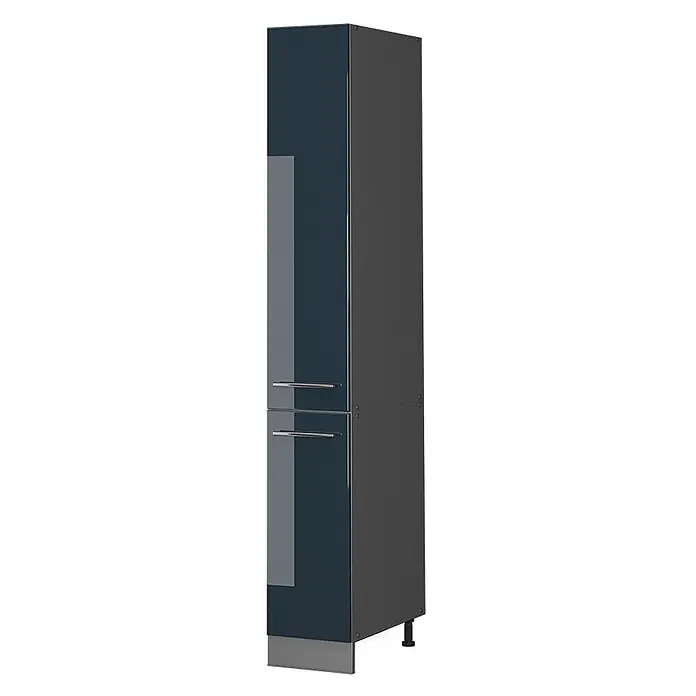 Vicco Schrankküche Fame-Line Dunkelblau Hochglanz - Dunkelblau Hochglanz, Apothekerhochschrank 30 cm - Hoher Schrank mit glänzender dunkelblauer Front, dunkelgrauer Seite und zwei silbernen Griffen. Mit silberner Sockelblende und verstellbaren Füßen.