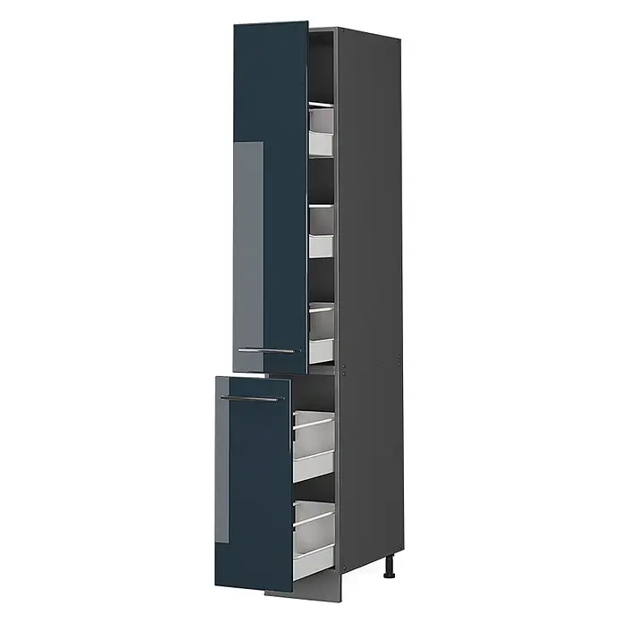 Vicco Schrankküche Fame-Line Dunkelblau Hochglanz - Dunkelblau Hochglanz, Apothekerhochschrank 30 cm - Hoher, dunkelgrauer Vorratsschrank mit teilweise geöffneten, dunkelblauen Hochglanztüren und hellgrauen Auszügen.