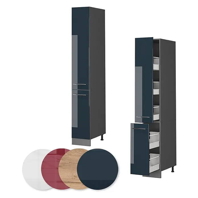 Vicco Schrankküche Fame-Line Dunkelblau Hochglanz - Dunkelblau Hochglanz, Apothekerhochschrank 30 cm - Dunkelblaue Hochschränke, einer offen mit Schubladen, plus Farbmuster (weiß, rot, Holz, blau).