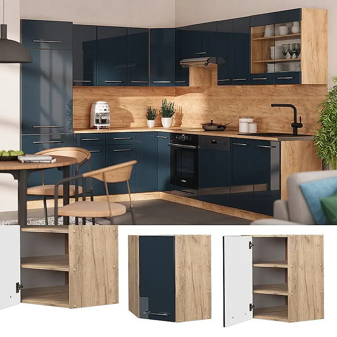 Vicco Schrankküche Fame-Line Dunkelblau Hochglanz - Dunkelblau Hochglanz, Eckhängeschrank 57 cm - Moderne Küche mit glänzend dunkelblauen Schränken und hellen Holzoptik-Arbeitsplatten und Rückwand.