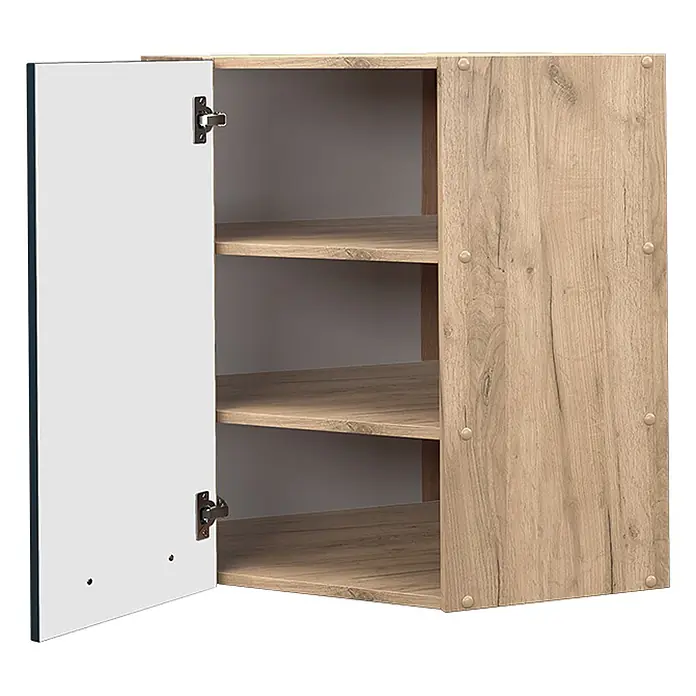 Vicco Schrankküche Fame-Line Dunkelblau Hochglanz - Dunkelblau Hochglanz, Eckhängeschrank 57 cm - Heller Wandschrank in Eichenoptik mit offener weißer Tür, der drei Einlegeböden zeigt.