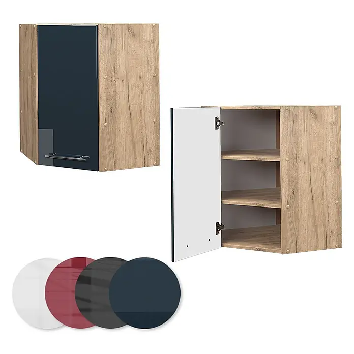 Vicco Schrankküche Fame-Line Weiß Hochglanz - Weiß Hochglanz, Eckhängeschrank 57 cm - Eckhängeschrank mit Eicheneffekt-Rahmen und dunkelblauer Hochglanztür, geschlossen und offen mit Einlegeböden gezeigt; Farbauswahl.