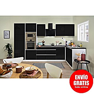 Respekta Premium Cocina esquinera Lorena (Ancho: 345 cm, Negro, Brillo intenso, Efecto piedra, Con electrodomésticos)