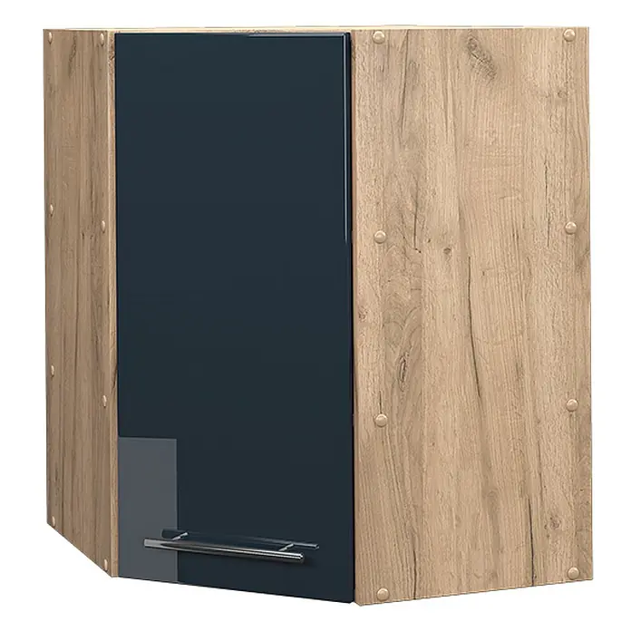 Vicco Schrankküche Fame-Line Dunkelblau Hochglanz - Dunkelblau Hochglanz, Eckhängeschrank 57 cm - Eckhängeschrank mit glänzender dunkelblauer Tür und hellen Holzmaserung-Seiten, inklusive silbernem Stangengriff.