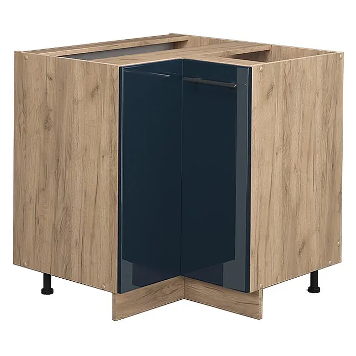 Vicco Schrankküche Fame-Line Dunkelblau Hochglanz ohne Arbeitsplatte - Dunkelblau Hochglanz, Eckunterschrank - Eckunterschrank für Küche mit heller Holzoptik und dunkelblauen Glanztüren, auf verstellbaren Füßen.